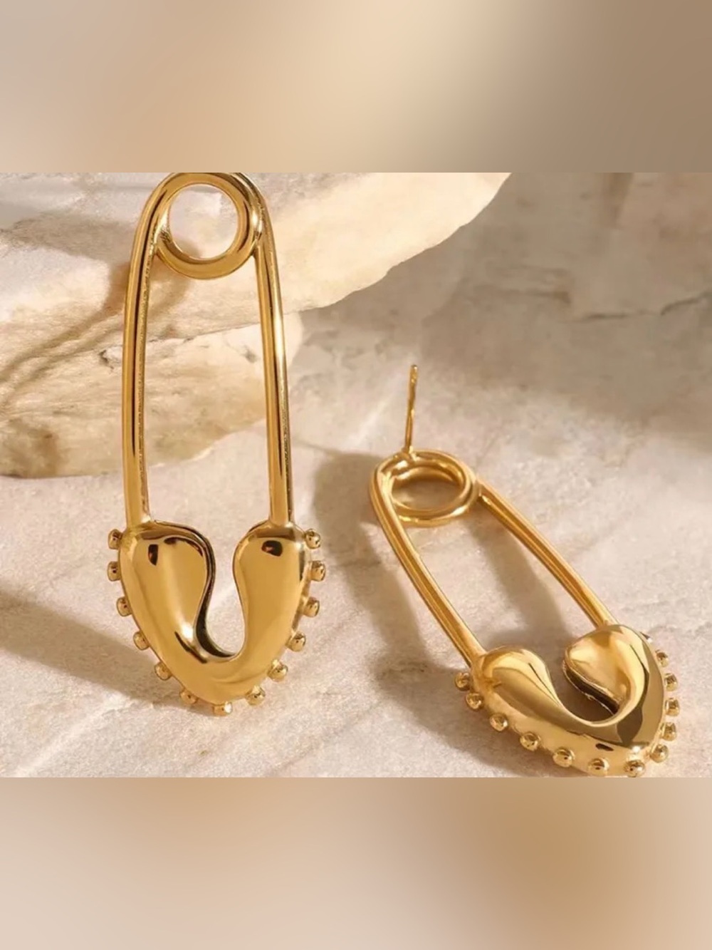 Gold Safety Pin Drop Earrings with Textured Stud Accents